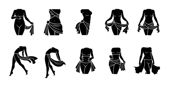 Ancient Greek goddess silhouette collection, 10 black female body vector icons, classical marble statue aesthetic, feminine divine torso art