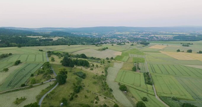 Aerial view of patchwork fields, lush green trees, and a distant town, creating a textured landscape under a soft, overcast sky, Neuwied, Rhineland-Palatinate, Germany.