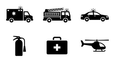 Emergency services icon set with ambulance, fire truck, and police car. Black silhouette emergency vehicle icons, first aid kit and fire extinguisher vector. © Rashedul