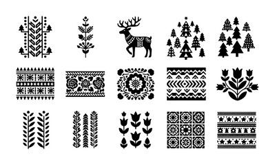 Scandinavian folk art vector set, 15 black nordic ornaments with reindeer and floral motifs, traditional ethnic embroidery patterns for winter decor © Rashedul