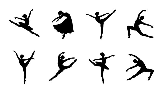 Graceful ballet dancer silhouettes set, elegant ballerina poses in black vector icons, 8 professional dance performance figures for theater posters