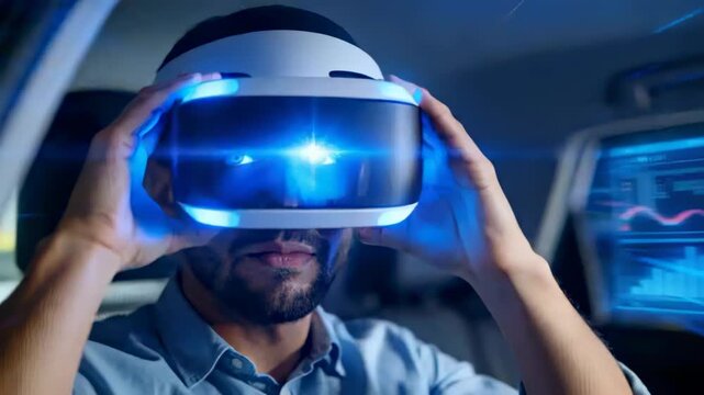 Noticing right display, male wearing light blue shirt lifting VR headset in car, adjusting strap