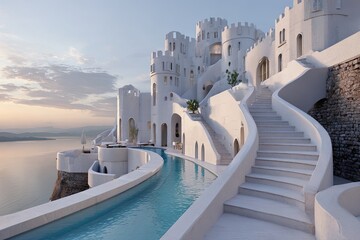 Fototapeta premium Luxury White Villa with Infinity Pool Overlooking the Aegean Sea at Sunset.