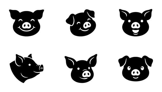 Minimalist pig head icons set, black silhouette swine face vector collection, cute farm animal head illustrations for butcher shop branding and logos