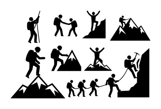 Mountain climbing silhouette icons set, mountaineering and hiking people vector collection, outdoor adventure and rock climbing stick figures