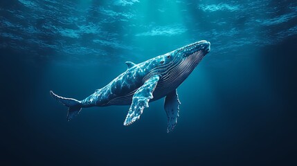 Fototapeta premium Pixel Art Humpback Whale Underwater in Dark Blue Ocean