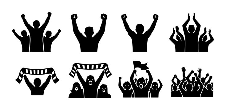 Sports fan silhouettes set, cheering crowd icons with flags and scarves, 8 vector elements of excited people celebrating at stadium event