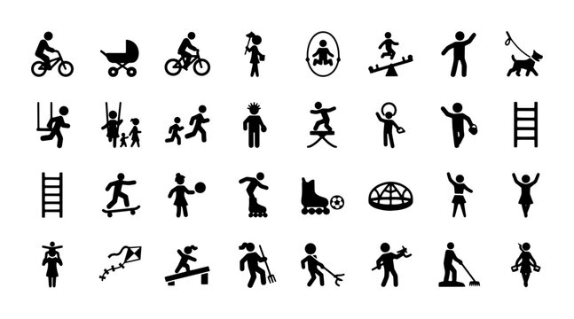 Black silhouette icons of children playing, 32 playground activity vector elements, kids outdoor recreation and park equipment symbols