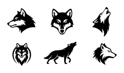 Wolf head mascot logo set, black and white howling wolf silhouettes, 6 predator animal icons, minimalist wild dog vector illustrations for sports branding © Arifuz