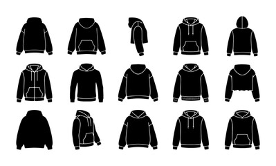 Black hoodie mockup vector icons, 15 blank sweatshirt templates for apparel design, minimalist streetwear garment silhouettes for fashion branding © Nusrat