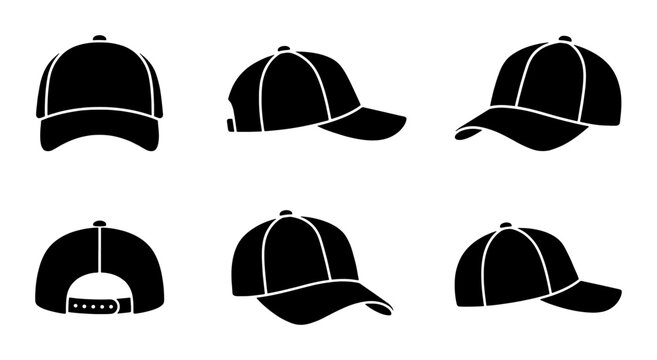 Baseball cap silhouette icons, set of 6 black headwear vector illustrations, front back and side view hat templates for apparel branding and design