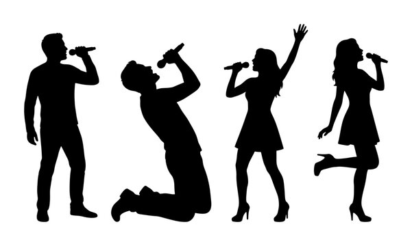 Singer silhouettes set, vocal performance vector icons of men and women with microphones, musical entertainment and karaoke party graphics