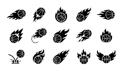 Basketball fire icons set, black flaming ball silhouettes, 15 sports vector elements for team logos and tournament branding, flying basketball graphics © Rubina