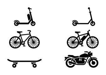 Minimalist micro-mobility icons set, black silhouette electric scooter and bicycle vector, urban transport motorcycle and skateboard symbols © Arifuz