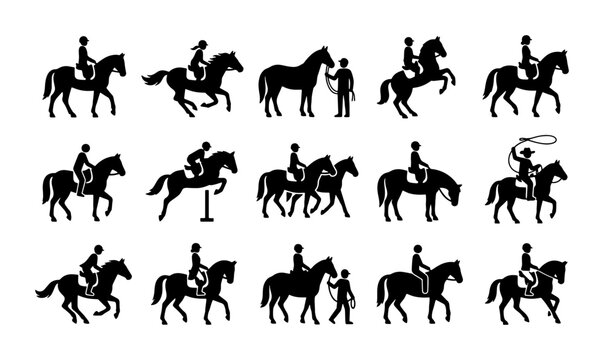 Equestrian horse riding silhouette icons, set of 15 horse and rider pictograms, black stallion dressage and show jumping vector graphics