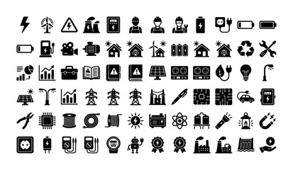 Renewable energy and electricity icons set, 70 black solid vector symbols for power industry, sustainable green technology and electrical engineering © Rubina