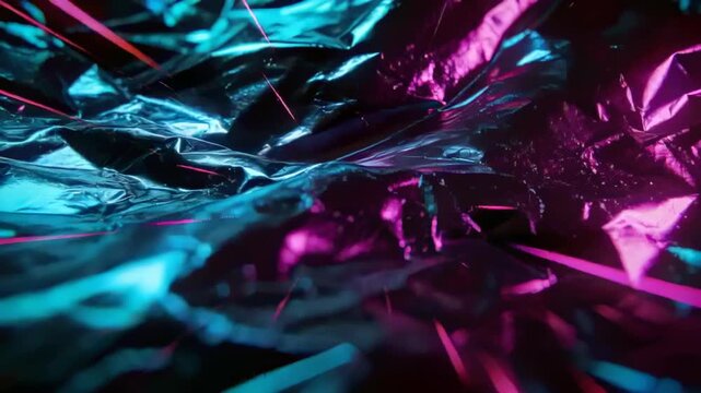 Shining crumpled foil reacting to shifting cyan and magenta lights in studio, revealing creases