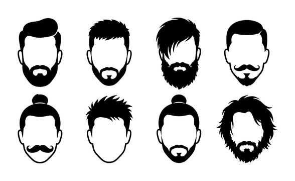Barbershop hair and beard styles vector set, masculine facial hair silhouettes for men, 8 grooming icons for salon branding and fashion design