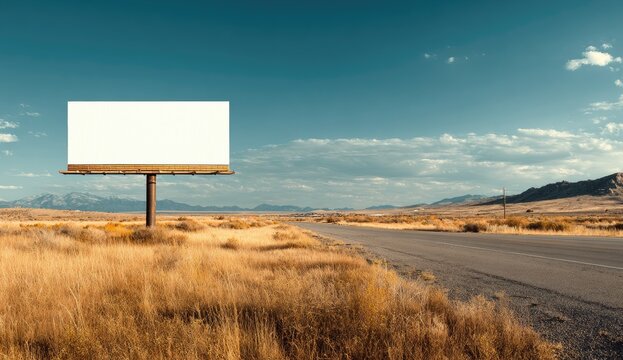 Empty billboard by a desert highway under a vast, cloudy blue sky