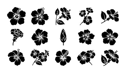 Hibiscus flower black silhouette icons, tropical floral blossom vector set, 15 botanical plant elements for summer vacation branding and logo design © Arifuz