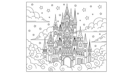 Fototapeta premium Intricate castle coloring page detailed illustration for kids and adults