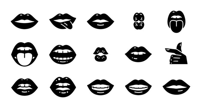 Black silhouette lips icons set, 15 female mouth vector illustrations, sexy lipstick smile and tongue expressions, beauty and makeup design elements