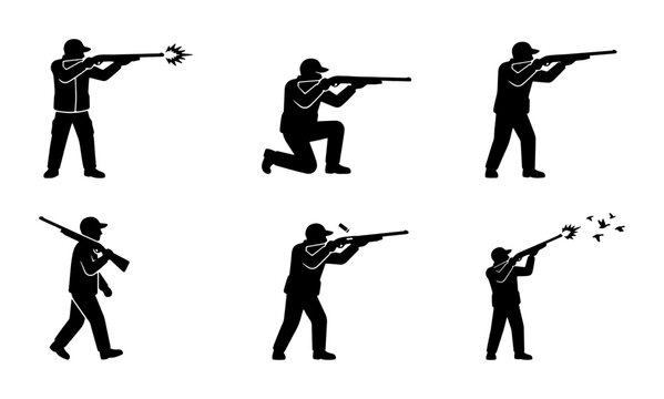 Hunting silhouettes set of 6 hunter icons, men shooting rifles and shotguns in various poses, black vector silhouettes for outdoor sport and clay pigeon shooting