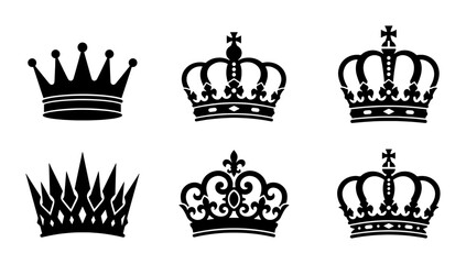 Royal crown silhouettes set, 6 black heraldic tiara icons, vintage king and queen headwear vector collection for luxury branding and logo design © Rubina