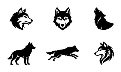 Wolf head and silhouette logo set, 6 black vector icons of howling and running wolves, wild predator animal mascot collection for branding © Tanvir