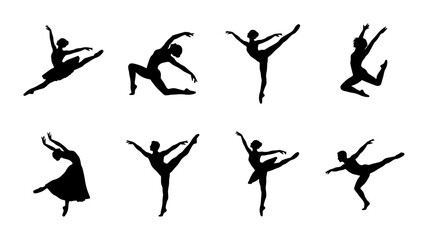 Graceful ballet dancer silhouettes set, 8 elegant ballerina poses in black vector, classical dance performance figures for theater posters © Farzana