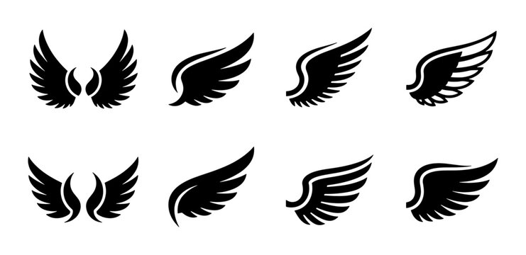 Black wing silhouettes collection, set of 8 heraldic bird and angel wings, minimalist feather wing icons for logo design and tattoo art