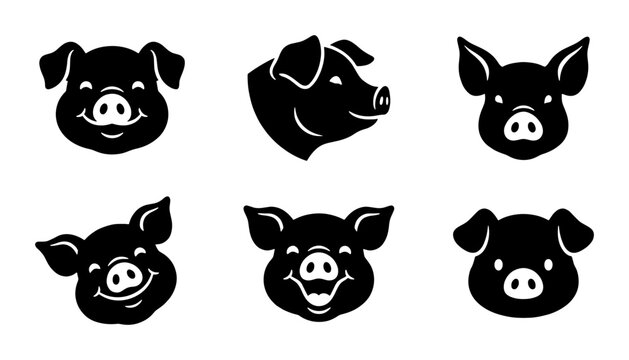 Minimalist pig head silhouette icons, set of 6 black swine face vector illustrations, cute farm animal character logos for butchery and food branding