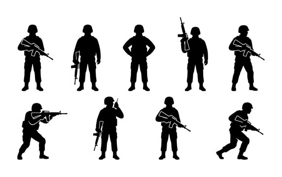 Military soldier silhouettes set, armed infantry troops in tactical poses, 9 army commando vector icons for war and defense concepts