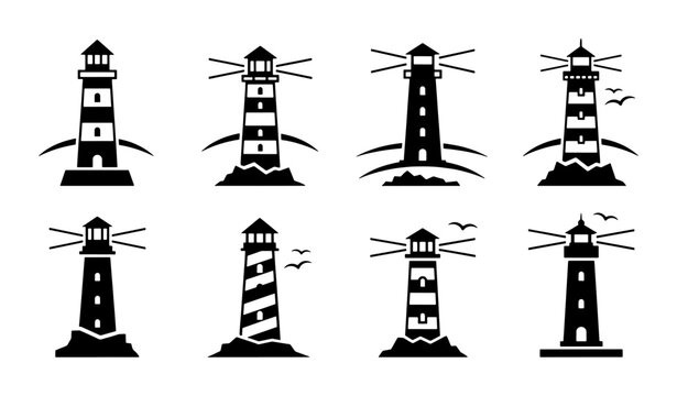 Nautical lighthouse icon set, black and white maritime beacon vector illustrations, coastal searchlight tower collection for marine branding and logos