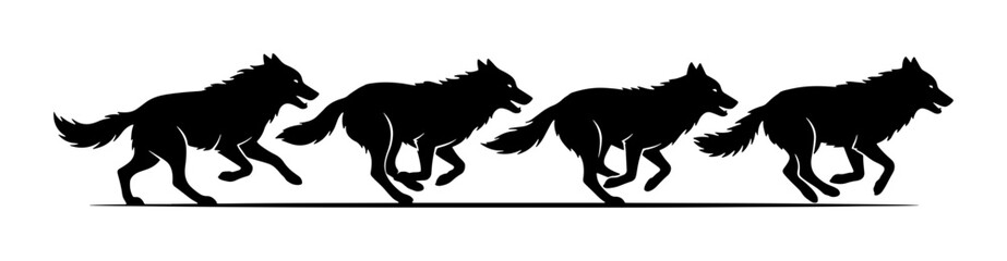 Running wolf pack silhouette vector, wild wolves hunting in a row, black animal silhouettes on white background, predatory canine movement graphics © Farzana