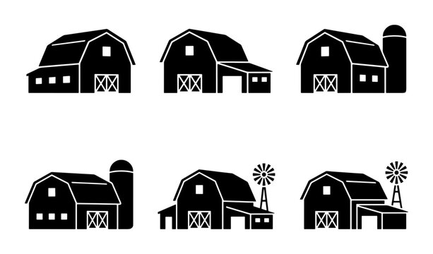 Rustic farm barn icons set, black silhouette agricultural building vectors, 6 rural ranch house elements with silo and windmill for farming logo design