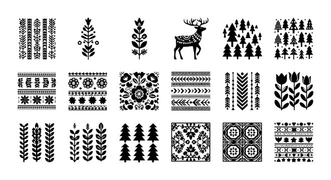 Scandinavian folk art vector set, 18 black nordic floral and animal motifs, traditional polish wycinanki ornaments, rustic winter deer and forest icons