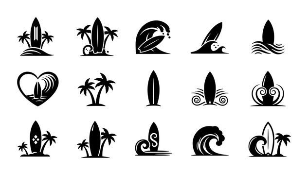 Surfing logo icons set, black surfboard silhouettes with ocean waves and palm trees, 15 summer beach sports vector elements for branding