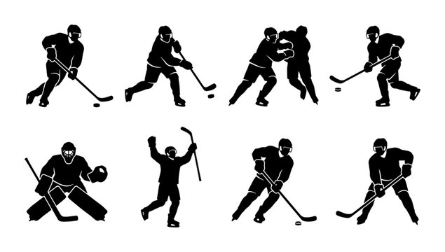 Ice hockey player silhouettes set, professional athletes in action poses, black vector icons of hockey players skating and shooting, 8 sports elements