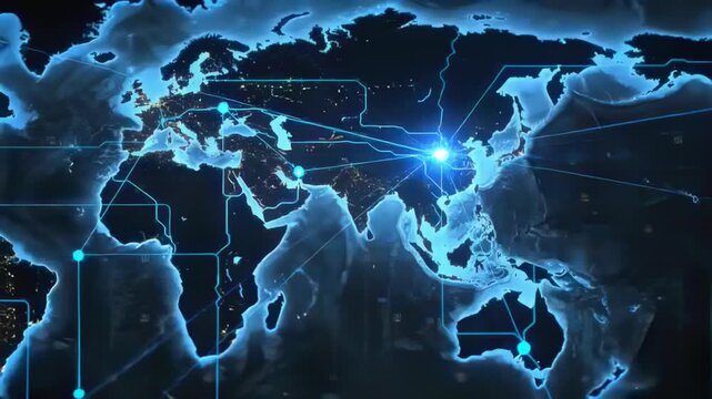 Nodes appearing, stylized world map tracing neon-blue routes on digital HUD to highlight hubs