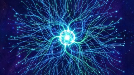 Obraz premium Glowing neuron cell with multiple dendrites extending into blue network of biological connectivity.