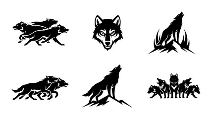 Wolf silhouette vector set, black wolf head and howling animal icons, wild predator mascot collection for sports logos and outdoor branding © Farzana