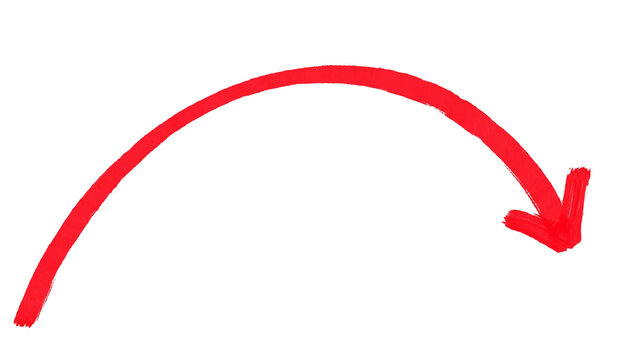 Thick red hand drawn curved arrow pointing down