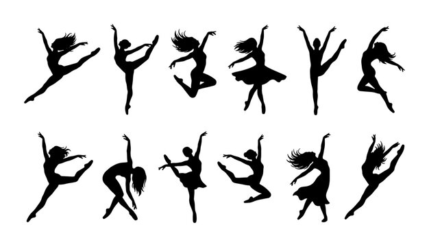 Graceful ballet dancer silhouettes, set of 12 female ballerina vector icons, elegant dancing woman figures in motion, black artistic dance poses