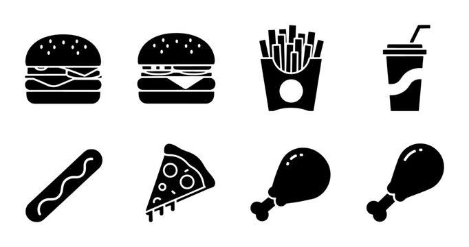 Fast food icon set in black solid style, 8 junk food vector elements, burger pizza and fried chicken silhouettes for restaurant menus
