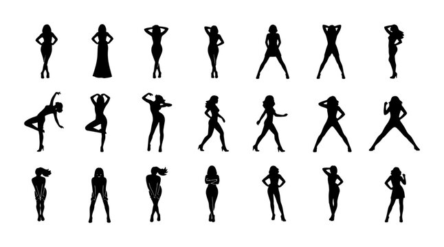 Fashion model silhouette set, 21 female figures in diverse poses, black vector silhouettes of elegant women, standing and walking poses for design