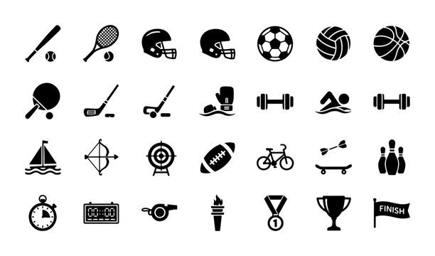 Black sports icons set, 28 minimalist athletic equipment symbols, flat vector collection of fitness and competition signs for web and mobile apps