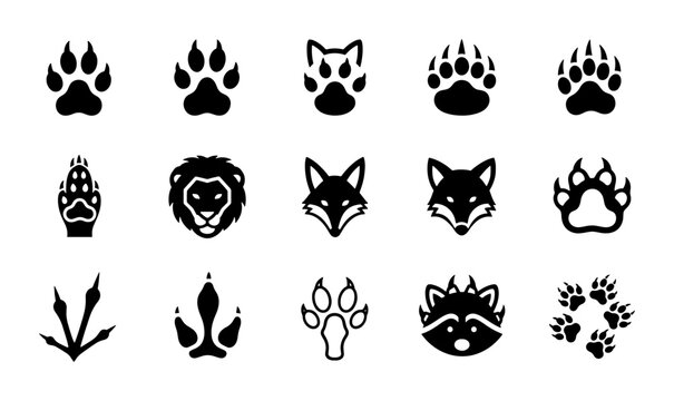 Animal paw prints and wildlife head icons, set of 15 black vector silhouettes, predator tracks and mammal face symbols for nature branding