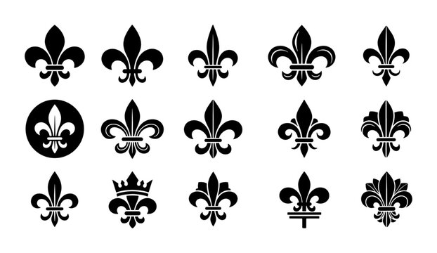 Vintage fleur de lis collection, 15 black lily heraldry icons, royal french lily symbols, classic heraldic fleur-de-lis vector set for luxury branding