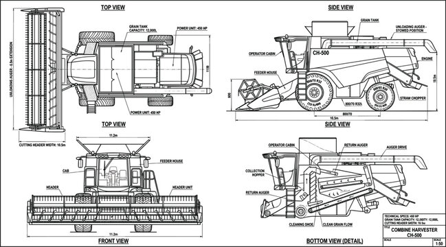 Combine harvester agricultural machine blueprint illustration, detailed farming equipment diagram with multiple views for crop harvesting and rural engineering design